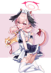 1girl alternate_costume animal_ears animal_holding_leash apron black_dress black_wings blue_archive blush breasts cat cat_ears cat_girl cat_tail commentary dress english_commentary feathered_wings frown hair_intakes hair_ornament halo highres koharu_(blue_archive) leash leash_pull long_hair maid maid_apron maid_headdress moorina multicolored_panties open_mouth panties pink_background pink_eyes pink_hair pink_halo pink_panties simple_background small_breasts striped_clothes striped_panties tail thighhighs underwear waist_apron white_apron white_panties white_thighhighs wings wrist_cuffs