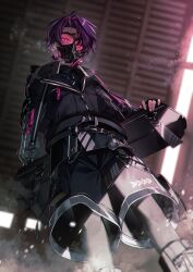 1boy absurdres arm_at_side bag belt black_gloves black_jacket black_pants black_shorts blurry blurry_background bright_pupils commentary_request dust feet_out_of_frame fingerless_gloves from_below garage gas_mask gloves highres jacket jisshu looking_at_viewer male_focus mask multicolored_hair nijisanji pants pants_under_shorts pink_eyes purple_hair red_hair shorts solo streaked_hair virtual_youtuber visible_air watarai_hibari watarai_hibari_(3rd_costume) white_pupils