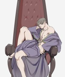 Rule 34 | 1boy, brown hair, closed mouth, leon s. kennedy, male focus, nipples, open clothes, open robe, pectorals, purple robe, red eyes, resident evil, resident evil: the darkside chronicles, resident evil 4, resident evil 6, revealing clothes, robe, short hair, simple background, sitting, solo, tatsumi (psmhbpiuczn), throne, toned, toned male
