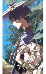 1boy 1girl blue_sky branch closed_mouth commentary_request day detached_sleeves from_behind genshin_impact green_eyes green_hair green_sleeves hair_ornament hat highres jingasa leaf long_hair nahida_(genshin_impact) outdoors profile purple_eyes purple_hair scaramouche_(genshin_impact) shading_eyes side_ponytail sky uwao0607 wanderer_(genshin_impact) white_background