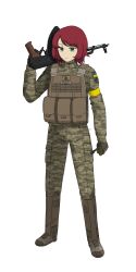 1boy absurdres aks-74u ammunition_pouch armband assault_rifle black_cat03 black_gloves boots brown_boots camouflage camouflage_jacket camouflage_pants camouflaged_flag carrying_over_shoulder combat_boots commission commissioner_upload cross-laced_footwear expressionless gloves green_eyes gun high_collar highres holding holding_gun holding_walkie-talkie holding_weapon international_legion_of_ukraine jacket kalashnikov_rifle kenneth_del_duca looking_afar medium_hair military_combat_uniform military_uniform name_tag non-web_source original over_shoulder pants pouch red_hair rifle russo-ukrainian_war swiss_flag switzerland transparent transparent_background trap turtleneck ukraine ukrainian_flag walkie-talkie weapon weapon_over_shoulder yellow_armband