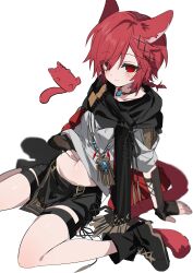 1girl absurdres animal_ears ankle_boots archon_mark black_boots black_gloves black_scarf black_shorts boots bracer braid cat_ears cat_girl cat_tail churubyjain clothes_lift eyes_visible_through_hair final_fantasy final_fantasy_xiv fingerless_gloves g&#039;raha_tia genderswap genderswap_(mtf) gloves hair_ornament highres jewelry looking_at_viewer miqo&#039;te navel neck_tattoo pelvic_curtain pendant pendant_choker red_eyes red_hair scarf shirt shirt_lift short_hair shorts simple_background single_braid sitting slit_pupils smile solo swept_bangs tail tattoo wariza white_background white_shirt x_hair_ornament