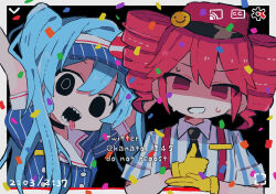 2girls black_necktie collared_shirt crazy drill_hair english_text hatsune_miku highres kanamochi_kanato kasane_teto looking_at_viewer mesmerizer_(vocaloid) multiple_girls necktie open_mouth red_eyes red_hair sharp_teeth shirt suspenders teeth tongue tongue_out vocaloid youtube