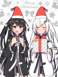 2girls :d allial_(coefont) black_hair black_jacket blush_stickers bow box christmas_stocking clenched_hands closed_eyes closed_mouth coefont collared_shirt cowboy_shot facing_viewer gift gift_box gradient_hair grey_shirt hands_up hat highres holding holding_box holding_gift holly hood hood_down hooded_jacket jacket legs_apart long_hair looking_at_viewer matching_outfits merry_christmas millial_(coefont) miriota multicolored_hair multiple_girls open_clothes open_jacket open_mouth santa_hat shirt siblings side-by-side side_ponytail sisters sleeveless sleeveless_shirt smile snowflakes star_(symbol) swept_bangs v-shaped_eyebrows white_hair white_jacket