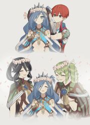 1boy 3girls ^_^ absurdres adol_christin black_hair blue_eyes blue_hair breasts closed_eyes closed_mouth commentary_request dana_iclucia flower_wreath george_man green_hair highres long_hair multiple_girls notice_lines olga_(ys) open_mouth red_hair sarai_(ys) short_hair side_ponytail small_breasts smile tiara ys ys_viii:_lacrimosa_of_dana