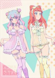 Rule 34 | 2girls, aikatsu! (series), aikatsu stars!, babydoll, babydoll lift, bare shoulders, blue hair, blunt bangs, blush, bow, bow panties, candy earrings, choker, closed mouth, collarbone, commentary request, cone hair bun, cowboy shot, detached sleeves, dot mouth, double bun, donut hair bun, earrings, eyelashes, frilled babydoll, frilled choker, frilled hairband, frilled panties, frilled straps, frills, garter straps, green bow, green eyes, green nails, green ribbon, group name, hair bow, hair bun, hair down, hair ribbon, hairband, hanazono kirara, heart, heart choker, highres, jewelry, knees together feet apart, lingerie, lips, lipstick, long hair, looking away, looking down, looking to the side, makeup, moyashi (m-planter), multicolored background, multicolored hair, multiple girls, nail polish, navel, negligee, orange hair, panties, pink bow, pink hair, pink lips, pink nails, pinky swear, polka dot, polka dot background, polka dot bow, polka dot ribbon, pom pom (clothes), pom pom earrings, purple babydoll, purple legwear, purple panties, ribbon, ribbon choker, saotome ako, see-through clothes, shiny skin, sidelocks, spaghetti strap, star (symbol), star print, streaked hair, thigh gap, thigh strap, thighhighs, underwear, underwear only, yellow bow, yellow hairband, yellow panties, yellow ribbon, yuri