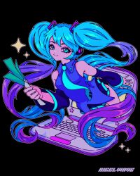 1girl aqua_eyes aqua_hair aqua_necktie artist_name black_background blue_hair commentary computer dated_commentary detached_sleeves english_commentary floating_clothes floating_hair food gradient_hair hatsune_miku headphones highres holding holding_food holding_vegetable laptop looking_at_viewer multicolored_hair necktie purple_hair rigelwave shirt sleeveless sleeveless_shirt smile solo sparkle spring_onion through_medium through_screen twintails vegetable vocaloid