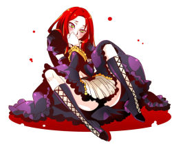 1boy bad_id bad_pixiv_id blush boots detached_sleeves gothic_lolita green_eyes lolita_fashion long_hair male_focus namine_ritsu red_hair sitting skirt solo trap utau vocaloid windbard
