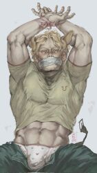 1boy arms_behind_head belt blonde_hair blue_eyes bound bound_wrists cloth_gag clothes_lift curly_(mouthwashing) curly_(pre-crash)_(mouthwashing) dog_ear_hairband gag gagged green_pants heart heart_print highres improvised_gag looking_at_viewer male_focus male_underwear messy_hair mouthwashing muscular muscular_male outstretched_hand pants pectorals shirt_lift short_hair solo tomtit_bird toned toned_male underwear unzipped upper_body