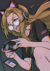 1girl animal_ears black_shirt blonde_hair blush brown_eyes cat_ears cellphone earphones ehirorotoon fake_animal_ears game_console girls_und_panzer glasses highres iphone long_hair nekonyaa_(girls_und_panzer) open_mouth phone shirt smartphone solo tears
