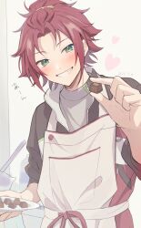 1boy apron bangs_pinned_back chocolate dated ensemble_stars! food green_eyes heart highres holding holding_chocolate holding_food holding_plate incoming_food isara_mao looking_at_viewer male_focus plate red_hair reijiro short_hair smile solo upper_body white_apron