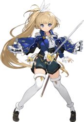 1girl blonde_hair blue_capelet breasts capelet closed_mouth corset frilled_capelet frills full_body girls_creation highres holding holding_sword holding_weapon large_breasts long_hair long_sleeves looking_at_viewer manet_(girls_creation) nauribon pigeon-toed purple_eyes ribbon side_ponytail simple_background solo standing sword tachi-e thighhighs thighs transparent_background very_long_hair weapon zettai_ryouiki