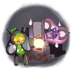 1girl :o border commentary_request fangs grave highres holding holding_lantern horns lantern nintendo ogerpon open_mouth pecharunt pigeon-toed pokemon pokemon_(creature) pokemon_focus sakanashiworks standing star-shaped_pupils star_(symbol) symbol-shaped_pupils tongue white_border yellow_eyes