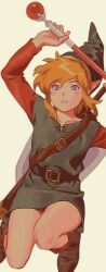 1boy bare_legs blonde_hair blue_eyes boots cane fire_rod_(zelda) green_tunic highres link male_focus nintendo pointy_ears sword the_legend_of_zelda the_legend_of_zelda:_a_link_to_the_past tunic weapon yone_f15