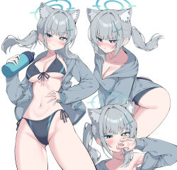 1girl alternate_costume animal_ear_fluff animal_ears bikini black_bikini blue_archive blue_halo blush breasts bright_pupils cleavage collarbone covering_own_mouth cross cross_hair_ornament extra_ears grey_hair grey_jacket hair_ornament halo hand_on_own_hip highres holding_tumbler hood hood_down hooded_jacket inverted_cross jacket korean_commentary long_hair long_sleeves looking_at_viewer medium_breasts metaljelly mismatched_pupils multiple_views navel open_clothes open_jacket shiroko_(blue_archive) simple_background swimsuit thighs white_background white_pupils wolf_ears wolf_girl
