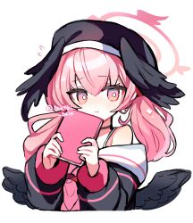 1girl bare_shoulders black_hat black_shirt black_wings blue_archive blush book closed_mouth commentary cropped_torso feathered_wings flying_sweatdrops halo hat head_wings highres holding holding_book koharu_(blue_archive) long_hair long_sleeves looking_at_viewer low_twintails off-shoulder_shirt off_shoulder pink_eyes pink_hair pink_halo shirocha_tei shirt simple_background solo twintails twitter_username white_background wings