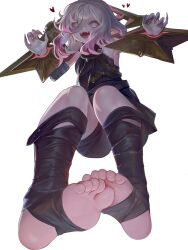 1girl black_bodysuit black_sleeves black_socks bodysuit breasts briar_(league_of_legends) claws colored_sclera colored_skin colored_tips detached_sleeves dokomon excited fangs female_focus foot_focus from_below full_body grey_eyes grey_hair grey_skin hair_between_eyes hands_up heart highres league_of_legends long_hair looking_at_viewer looking_down messy_hair multicolored_hair open_mouth petite pointy_ears red_hair red_sclera sharp_teeth simple_background sitting small_breasts smile socks solo stirrup_legwear stocks teeth toeless_legwear toes tongue tongue_out two-tone_hair vampire white_background