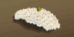 Rule 34 | fish (food), food, food focus, hisachan55cute, nigirizushi, no humans, original, pixel art, rice, roe, shadow, simple background, still life, sushi, wasabi, yellow background