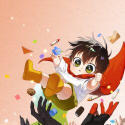 1boy baby black_hair green_eyes green_shorts mori_(on_the_way_to_meet_mom) on_the_way_to_meet_mom shirt short_hair shorts source white_shirt