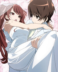 1boy 1girl absurdres akazawa_izumi another bare_arms bare_shoulders breasts bridal_veil brown_eyes brown_hair carrying cleavage closed_mouth commentary_request commission dress formal_clothes highres jacket long_hair looking_at_another medium_breasts open_mouth pink_background princess_carry sakakibara_kouichi short_hair skeb_commission smile suit teeth twintails upper_teeth_only veil wedding_dress wedding_suit white_dress white_jacket white_suit yorozu_(user_auaz7473)