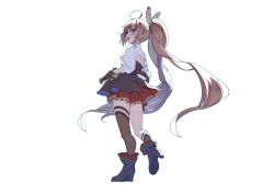 1girl absurdres ahoge ankle_boots back_cutout belt boots brown_corset clothing_cutout corset feather_hair_ornament feathers from_behind full_body gloves hair_lift hair_ornament highres hololive hololive_english kneehighs long_hair looking_back nanashi_mumei nanashi_mumei_(1st_costume) partially_fingerless_gloves pleated_skirt ponytail red_skirt riza23 shirt single_kneehigh single_sock single_thighhigh skirt socks thighhighs turning_around very_long_hair virtual_youtuber white_shirt