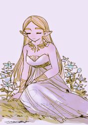 Rule 34 | 1girl, bare shoulders, blue flower, bracer, breasts, closed eyes, dress, flower, gold necklace, grass, highres, jewelry, long dress, long hair, medium breasts, mouyi, necklace, nintendo, parted bangs, pointy ears, princess zelda, sample watermark, signature, silent princess, sitting, solo, strapless, strapless dress, the legend of zelda, the legend of zelda: breath of the wild, thick eyebrows, watermark, white background, white dress
