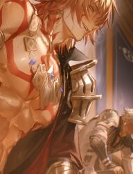 2boys abs absurdres armor bare_pectorals black_coat black_shirt blonde_hair braid chest_tattoo coat commentary_request facial_tattoo gold_necklace hair_between_eyes highres honkai:_star_rail honkai_(series) jewelry looking_to_the_side male_focus matuka10101 medium_hair multiple_boys mydei_(honkai:_star_rail) neck_tattoo necklace open_clothes open_coat open_mouth pauldrons pectorals phainon_(honkai:_star_rail) red_hair red_tattoo sauna shirt shoulder_armor side_braid single_pauldron sitting sweat tattoo toned toned_male white_coat white_hair yellow_eyes