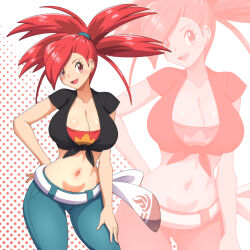 1girl bandeau belt black_shirt breasts cleavage collarbone crop_top denim duplicate flannery_(pokemon) game_freak gluteal_fold hair_tie hand_on_own_hip jeans large_breasts midriff nintendo open_mouth pants pokemon pokemon_oras ponytail red_bandeau red_eyes red_hair shirt smile solo split_ponytail tied_shirt white_belt wide_ponytail zuchysdraws