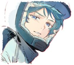Rule 34 | 1boy, blue eyes, blue hair, cropped shoulders, gundam, helmet, highres, kamille bidan, light smile, looking at viewer, male focus, parted lips, short hair, simple background, solo, space helmet, spacesuit, uneven eyes, white background, xing 20, zeta gundam