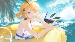 Rule 34 | 1girl, :d, absurdres, animal, bat wings, bikini, blonde hair, blue eyes, blue sky, blunt bangs, bow, breasts, cleavage, day, elbow rest, english text, fern, food, food print, fruit print, hair bow, hand on own face, highres, holding, holding food, holding popsicle, horizon, indie virtual youtuber, leaf, lens flare, light particles, open mouth, orange print, outdoors, partially submerged, popsicle, short hair, short twintails, sky, smile, snorkel mask, solo, sparkle, sunglasses, swimming, swimsuit, teeth, twintails, upper teeth only, water, wings, yellow innertube, yenko (vtuber), yoimon