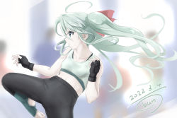 Rule 34 | 1girl, ahoge, artist name, ban (777purin), bike shorts, black shorts, blush, braid, breasts, collarbone, dated, einhard stratos, green hair, green sports bra, hair ribbon, long hair, lyrical nanoha, mahou shoujo lyrical nanoha vivid, open mouth, ribbon, shorts, small breasts, solo, sports bra, sweat