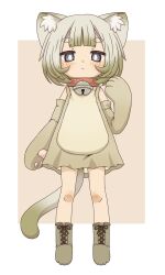1girl :&lt; animal_collar animal_ear_fluff animal_ears animal_hands ankle_boots bell blonde_hair blunt_bangs bob_cut boots border bright_pupils brown_boots brown_dress brown_gloves cat_ears cat_girl cat_tail child collar dot_nose dress elbow_gloves from_below full_body gloves gradient_hair gradient_tail grey_eyes hand_up highres inuneko_nikukyu jitome lace-up_boots looking_at_viewer multicolored_hair neck_bell original paw_gloves red_collar sleeveless sleeveless_dress solo standing tail thick_eyebrows thick_eyelashes white_border white_pupils