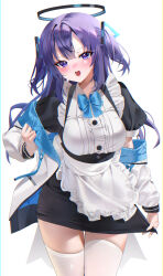 1girl :o absurdres alternate_costume apron black_dress blue_archive blush breasts center_frills dress emduck enmaided frilled_apron frills halo highres jacket jacket_partially_removed looking_at_viewer maid medium_breasts puffy_short_sleeves puffy_sleeves purple_eyes purple_hair short_sleeves simple_background solo thighhighs two-sided_fabric two-sided_jacket two_side_up waist_apron white_apron white_background white_thighhighs yuuka_(blue_archive)