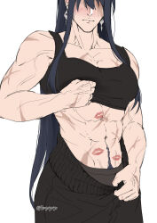 1girl abs absurdres artist_name biceps black_hair black_sports_bra blush breasts cleavage closed_mouth colored_pubic_hair female_pubic_hair happy_trail highres hoyayuyu large_breasts long_hair looking_at_viewer muscular muscular_female navel navel_hair obliques path_to_nowhere pubic_hair pubic_hair_peek purple_hair rahu_(path_to_nowhere) scar scar_across_eye scar_on_arm scar_on_face scar_on_hand scar_on_stomach scars_all_over simple_background solo sports_bra thick_thighs thighs toned too_many white_background