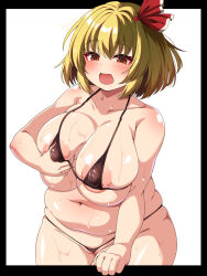 1girl alternate_breast_size areola_slip bikini black_bikini black_border blonde_hair blush border breasts cameltoe covered_erect_nipples fat fat_woman grabbing_own_breast hair_ribbon highres huge_breasts iori_4kagetsu large_areolae micro_bikini navel open_mouth plump red_eyes ribbon rumia shiny_skin short_hair solo standing swimsuit touhou white_background