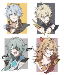 Rule 34 | 4boys, absurdres, anaxa (honkai: star rail), ancient greek clothes, anger vein, angry, antenna hair, armor, black choker, black jacket, blonde hair, blood, blood from mouth, blue eyes, body markings, border, braid, choker, closed eyes, collarbone, commentary, crying, crying with eyes open, crystal earrings, dual persona, earrings, english commentary, eyepatch, fang, gold blood, gold earrings, gold necklace, gradient hair, greco-roman clothes, green hair, grey background, grey hair, hair ornament, highres, honkai: star rail, honkai (series), jacket, jewelry, lapels, laughing, long hair, low ponytail, male focus, mandarin collar, messy hair, multicolored hair, multiple boys, mydei (honkai: star rail), necklace, official alternate eye color, open clothes, open jacket, open mouth, outside border, papajay (jennygin2), phainon (honkai: star rail), phainon (khaslana) (honkai: star rail), ponytail, red background, red hair, red shirt, shirt, short hair, shoulder armor, single bare shoulder, single braid, single earring, smile, sweatdrop, tears, teeth, tongue, upper body, v-shaped eyebrows, white border, white jacket, white shirt, yellow background, yellow eyes