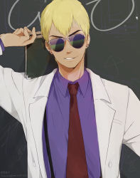 1boy aviator_sunglasses blonde_hair chalkboard drawinglee ear_piercing earrings great_teacher_onizuka jewelry male_focus necktie onizuka_eikichi piercing short_hair solo sunglasses suspenders