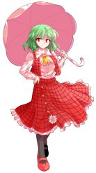 1girl ascot black_pantyhose dairi frilled_skirt frills full_body green_hair hand_on_own_hip highres kazami_yuuka pantyhose plaid_clothes plaid_skirt plaid_vest red_eyes red_shoes red_skirt red_vest shirt shoes short_hair skirt smile solo tachi-e touhou umbrella vest white_shirt yellow_ascot