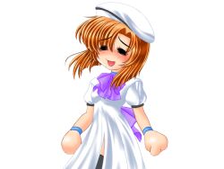 1girl beret black_thighhighs blue_eyes bow bowtie bracelet breasts closed_eyes dress eyes_visible_through_hair game_cg hair_between_eyes hat higurashi_no_naku_koro_ni jewelry large_variant_set medium_breasts multiple_bracelets no_nose orange_hair parted_bangs purple_bow purple_bowtie ryukishi07 ryuuguu_rena short_hair short_sleeves smile thighhighs variant_set white_dress white_hat