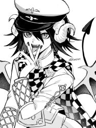 1boy alternate_costume cape checkered_cape checkered_clothes danganronpa_(series) danganronpa_v3:_killing_harmony demon_horns demon_tail demon_wings fangs flipped_hair greyscale hair_between_eyes hat highres horns jacket long_sleeves looking_at_viewer low_wings male_focus medium_hair military_hat military_uniform monochrome nail_polish oma_kokichi open_mouth peaked_cap qiretsu ringed_eyes solo tail tongue tongue_out twitter_username two-tone_cape upper_body v v_over_mouth white_background wings