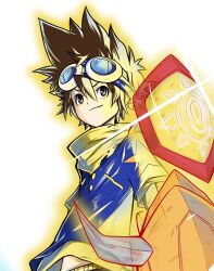 Rule 34 | 1boy, absurdres, digimon, goggles, goggles on head, highres, horns, male focus, naoki akamine, omegamon, solo, yagami taichi