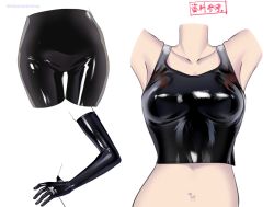 1girl armpits arms_up black_tank_top breasts collarbone commentary elbow_gloves gloves hand_on_own_hip head_out_of_frame latex latex_gloves latex_legwear lower_body medium_breasts midriff multiple_views navel original shiny_clothes shuri_(84k) simple_background skin_tight tank_top torso translated twitter_username white_background