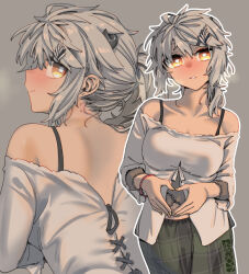 1girl artist_name bare_shoulders breasts cleavage ergot green_skirt grey_background grey_hair hair_ornament hairclip horns messy_hair multiple_views original plaid_clothes plaid_skirt shirt simple_background skirt solo white_shirt yellow_eyes