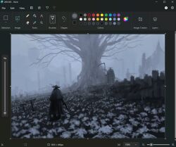 Rule 34 | 2others, art program in frame, bare tree, bloodborne, capelet, character request, christian young, commentary, fog, graveyard, greyscale, hat, highres, holding, holding scythe, house, looking at another, microsoft paint (medium), microsoft paint (software), monochrome, multiple others, scenery, screencap, scythe, standing, straw hat, tombstone, tree