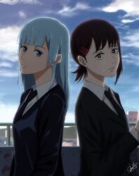 2girls back-to-back black_jacket black_necktie black_suit blue_eyes blue_hair blue_sky chainsaw_man cloud commentary crossover formal_clothes hair_bun hair_ornament hairclip higashiyama_kobeni highres jacket jujutsu_kaisen laillnii long_hair medium_hair miwa_kasumi mole mole_under_eye mole_under_mouth multiple_girls multiple_moles necktie nervous_sweating ponytail short_ponytail signature single_side_bun sky smile suit suit_jacket sweat