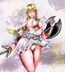 1girl blonde_hair breasts donguri_sensei highres large_breasts long_hair panties shield sophitia_alexandra soul_calibur sword underwear weapon white_panties