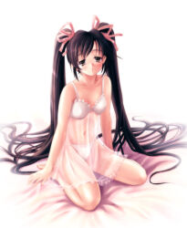 1girl 2000s_(style) akiba_yuji babydoll bad_id black_hair blush bra breasts brown_eyes full_body hair_ribbon kneeling lingerie long_hair looking_at_viewer medium_breasts negligee open_mouth original panties pink_ribbon ribbon see-through_babydoll see-through_clothes seiza sitting solo twintails underwear very_long_hair white_background white_bra white_panties