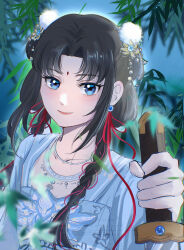 1girl absurdres bamboo bamboo_forest beads black_hair blue_eyes blue_hanfu braid chinese_clothes closed_mouth collarbone crazygirlisme earrings eyelashes facial_mark floral_print flower forehead_mark forest hair_beads hair_half_over_shoulder hair_ornament hanfu happy highres holding_saw infinity_nikki jewelry light_blush lipstick long_hair long_sleeves lotus makeup nature necklace night nikki_(series) official_alternate_color outdoors parted_bangs pink_lips pom_pom_(clothes) pom_pom_hair_ornament procreate_(medium) red_ribbon ribbon ribbon_earrings sidelocks smile solo sphere_earrings thought_in_bloom_(infinity_nikki) twin_braids upper_body