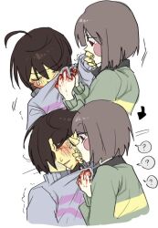 2others ? arrow_(symbol) black_shirt blood blood_on_hands blue_sweater brown_hair chara_(undertale) closed_eyes clothes_grab colored_skin commentary_request frisk_(undertale) green_sweater injury kiss korean_commentary long_sleeves multiple_others other_with_other red_eyes shirt shirt_grab short_hair spoken_question_mark striped_clothes striped_sweater sweater undertale yellow_skin yx_won2