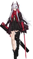 1girl absurdres alpha_(pgr) bandaged_leg bandages black_dress black_shirt closed_mouth commentary_request dog_tags dress grey_eyes hair_ornament headphones heterochromia highres holding holding_sheath holding_sword holding_weapon jacket long_hair lucia:_crimson_abyss_(pgr) mechanical_arms mechanical_hands no_pants oversized_clothes oversized_shirt punishing:_gray_raven red_eyes red_jacket red_scarf scabbard scarf sheath shirt shuuka simple_background single_empty_eye solo sword unsheathed weapon white_background white_hair